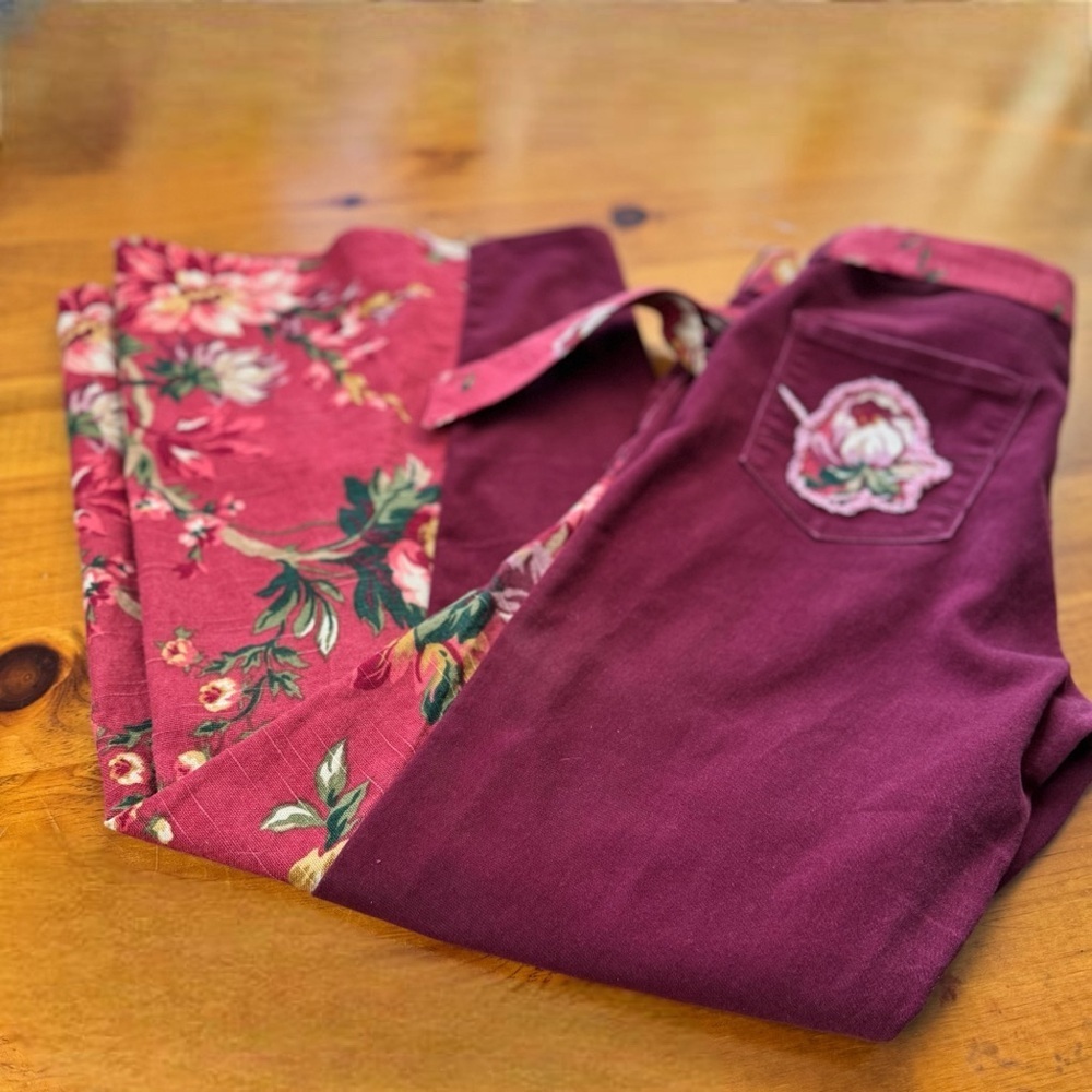 Upcycled Maroon Flare Leg High Waist Floral Aeropostale Jeans Size 6